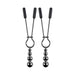 Pair of black chrome stainless steel beaded nipple clamps with soft black tips and hanging weighted beads.
