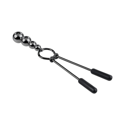 Black chrome stainless steel beaded nipple clamps with soft rubber tips on a white background.