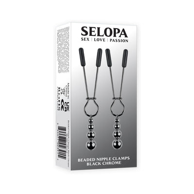 Selopa Beaded Nipple Clamps in black chrome with hanging beads, displayed on sleek packaging box.