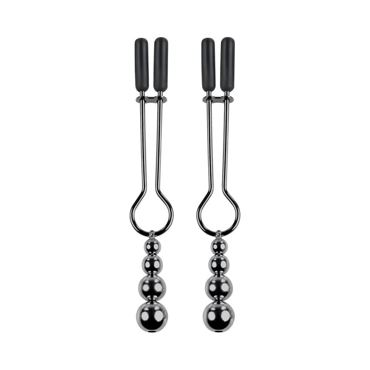 Pair of black chrome stainless steel beaded nipple clamps with soft black tips and graduated hanging beads.