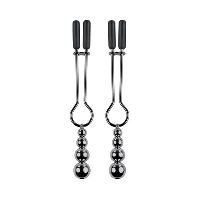 Pair of black chrome stainless steel beaded nipple clamps with soft black tips and graduated hanging beads.