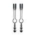 Pair of black chrome stainless steel beaded nipple clamps with soft black tips and graduated hanging beads.