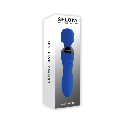 Selopa Blue Belle dual-ended blue silicone vibrator with textured wand head in white packaging.