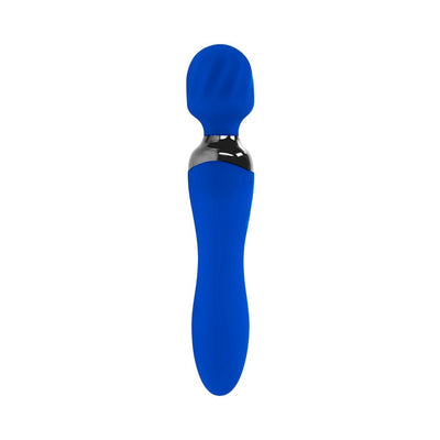 Blue Belle double-ended vibrator with textured flexible wand head and smooth handle in vibrant blue.