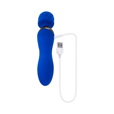 Blue Selopa Blue Belle dual-ended vibrator with textured wand head and USB charging cable on white background.