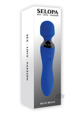 Selopa Blue Belle blue flexible wand vibrator with textured head shown on white packaging box.