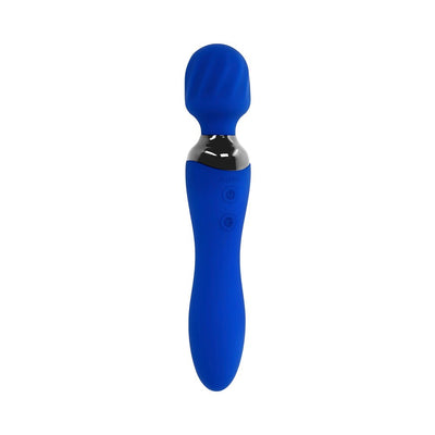 Selopa Blue Belle dual-ended vibrator in blue silicone with textured wand head and ergonomic handle with control buttons.