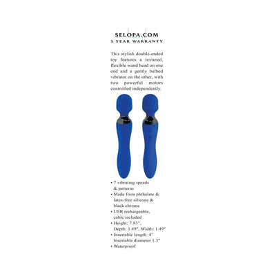 Selopa Blue Belle double-ended blue silicone vibrator with textured wand head and bulbed tip shown front and back with product features text.