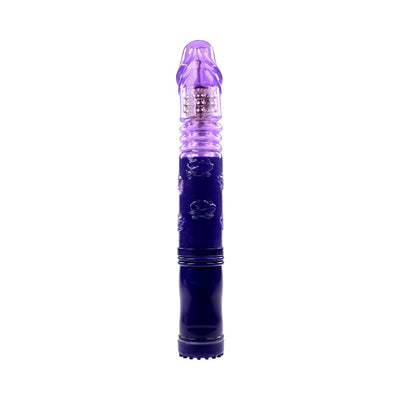 Purple Selopa Bunny Thruster vibrator with textured shaft and rotating pleasure beads, designed for multi-speed vibration and thrusting.