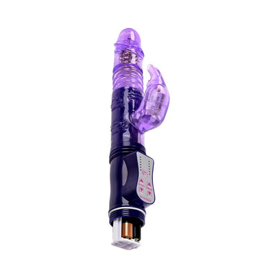 Purple translucent rabbit vibrator with thrusting shaft, rotating pleasure beads, and bopping ears, featuring control buttons and battery compartment.