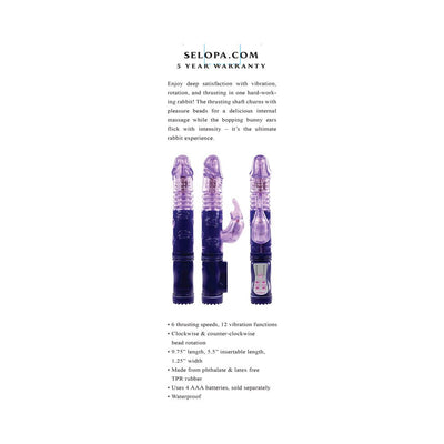 Purple Selopa Bunny Thruster vibrator with rotating beads, bopping ears, and control panel shown from three angles with product features text.