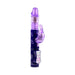 Purple rabbit vibrator with rotating beads, thrusting shaft, and control panel on the handle, designed for dual stimulation.