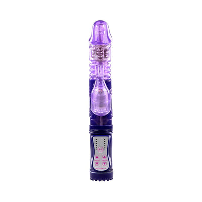 Purple rabbit vibrator with thrusting shaft, rotating pleasure beads, and bopping ears, featuring control buttons on the handle.