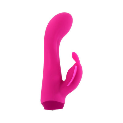 Bright pink silicone dual-stimulation vibrator with curved shaft and butterfly-shaped external stimulator.
