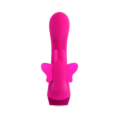Bright pink silicone vibrator with a butterfly-shaped stimulator and smooth curved shaft.