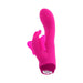 Bright pink silicone vibrator with curved shaft and butterfly-shaped clitoral stimulator, USB rechargeable and waterproof design.