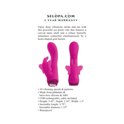Pink silicone vibrator with curved shaft and butterfly stimulator, shown from two angles with product details.