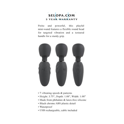 Three black silicone mini wand vibrators with flexible heads and textured handles shown with product features and dimensions.