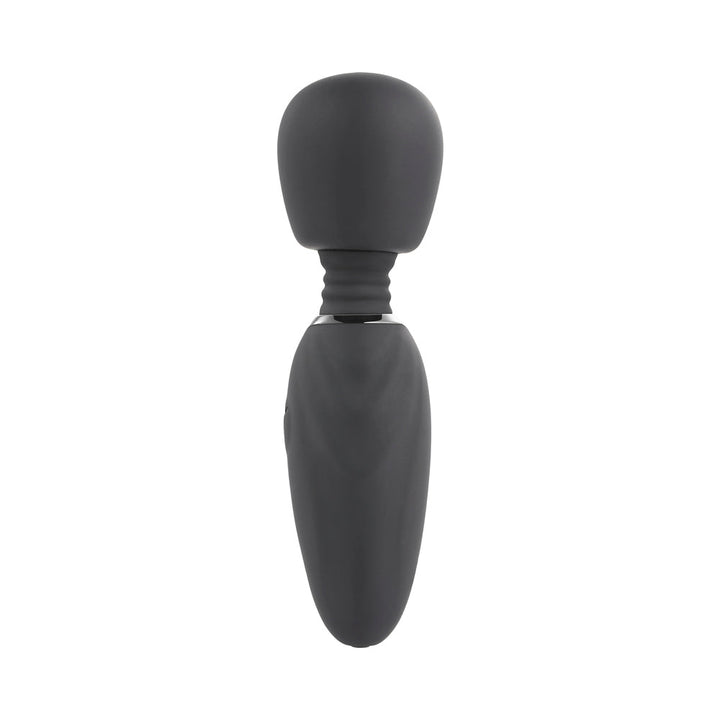 Compact black silicone mini wand vibrator with flexible head and textured handle for easy grip.