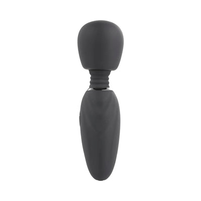 Compact black silicone mini wand vibrator with flexible head and textured handle for easy grip.