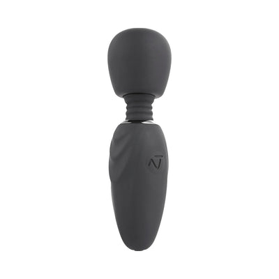 Compact black silicone mini wand vibrator with flexible rounded head and textured handle.