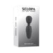 Selopa Buzz One Out rechargeable black silicone mini wand vibrator with textured handle shown on packaging box.