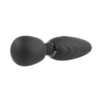 Compact black silicone mini wand vibrator with rounded head and textured ergonomic handle on white background.