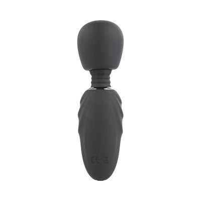 Compact black rechargeable silicone mini wand vibrator with textured handle and flexible rounded head.