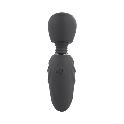 Compact black silicone mini wand vibrator with flexible head and textured ergonomic handle.