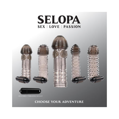 Set of five clear textured silicone sleeves with unique patterns and a small black vibrating bullet, displayed on a gray background.