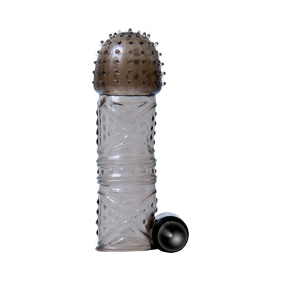 Clear smoke textured silicone sleeve with vibrating bullet attachment for enhanced sensation