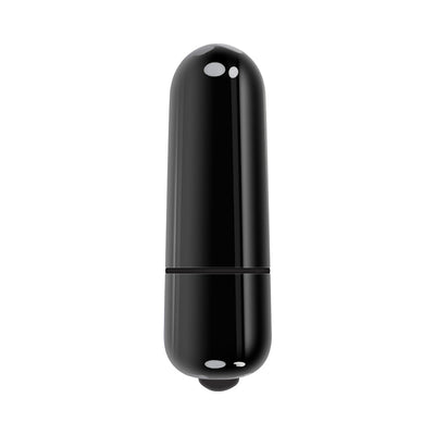 Compact black bullet vibrator with smooth, glossy finish and rounded ends, designed for discreet pleasure.