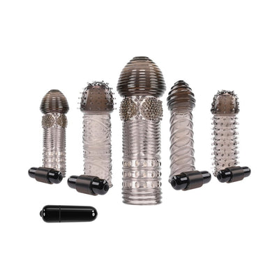 Set of five textured clear smoke-colored silicone sleeves with vibrating bullets for enhanced intimate experiences.