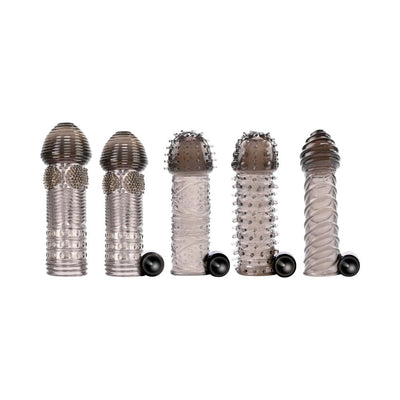 Set of five translucent smoke-colored textured sleeves with vibrating bullet attachments, designed for enhanced intimate use.