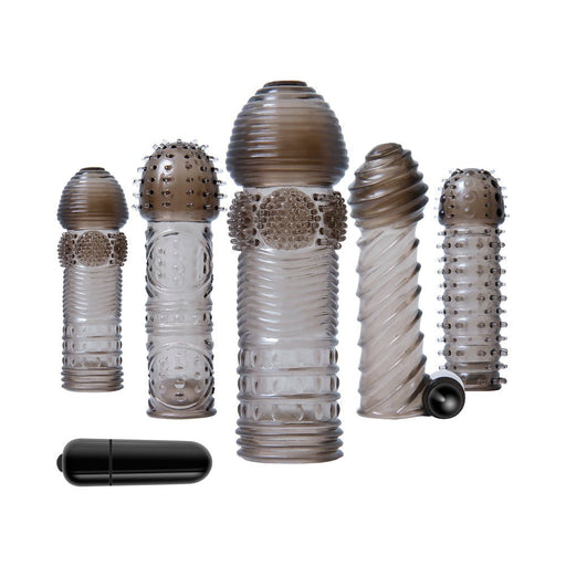 Set of five textured translucent smoke-colored sleeves with a small black vibrating bullet for customizable use.