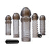 Set of five textured translucent smoke-colored sleeves with a small black vibrating bullet for customizable use.