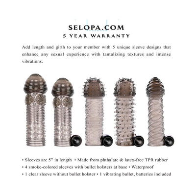 Set of five textured translucent smoke-colored and clear silicone sleeves with vibrating bullet accessories at the base.