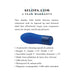 Blue silicone mini vibrator with textured tapered shaft, rechargeable and waterproof, shown with product features and warranty details.