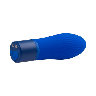Blue rechargeable silicone mini vibrator with textured tapered tip and power button on base.