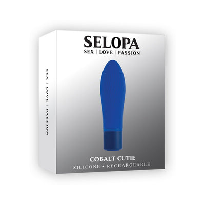 Selopa Cobalt Cutie rechargeable blue silicone mini vibrator with textured design on product packaging box.