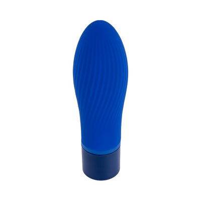 Blue silicone mini vibrator with textured surface and dark blue base, compact and rechargeable design.