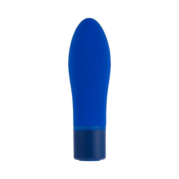 Blue rechargeable silicone mini vibrator with textured tapered tip and smooth base.