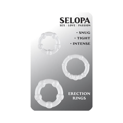 Clear Selopa erection ring set with three textured stretchy rings labeled snug, tight, and intense on gray background.