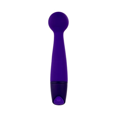 Slim purple silicone wand with rounded head and single button control on handle against white background.