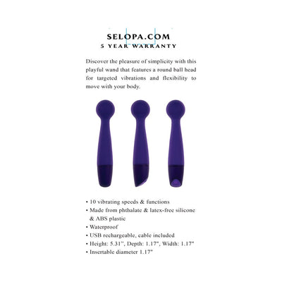 Three views of the Selopa Gumball slim purple silicone wand with round head and ergonomic handle shown on white background.