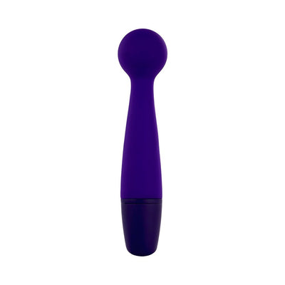 Slim purple silicone wand with rounded head and ergonomic handle for targeted vibrations.