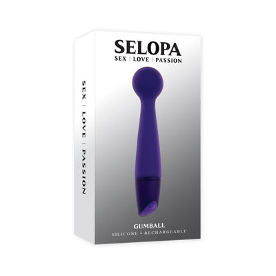 Selopa Gumball slim purple silicone wand vibrator shown on white and gray packaging box.