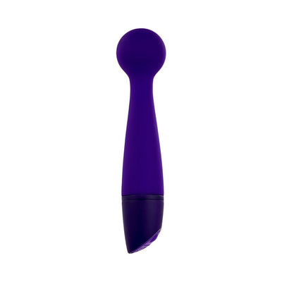 Slim purple silicone wand with rounded head and ergonomic handle, designed for targeted vibrations and easy use.