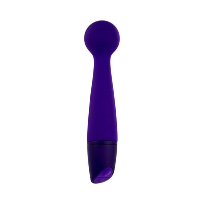Slim purple silicone wand with rounded head and ergonomic handle on white background
