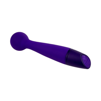 Purple slim silicone wand with rounded head and control button on handle, designed for targeted vibrations.